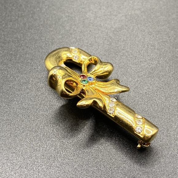 Vintage Merksamer Rhinestone Candy Cane Brooch Christmas Bow Gold Tone - Picture 2 of 7